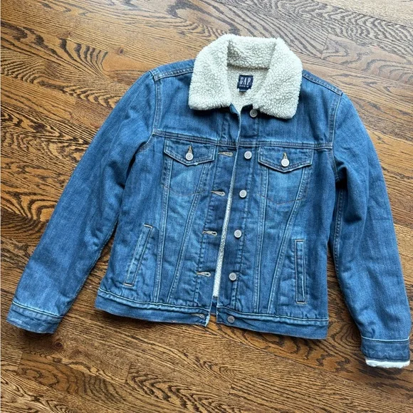 GAP Blue Denim Jacket with White Sherpa Collar and Lining S - Picture 4 of 10